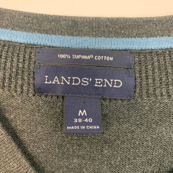Lands End Sweater Mens M Medium Gray Pima Cotton V Neck Ribbed Trim Pullover - Picture 6 of 12